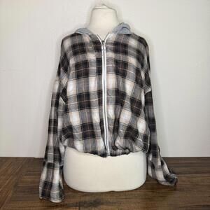 Miss Selfie Plaid Zip-Up Hoodie Jacket with Gray Hood Juniors Large